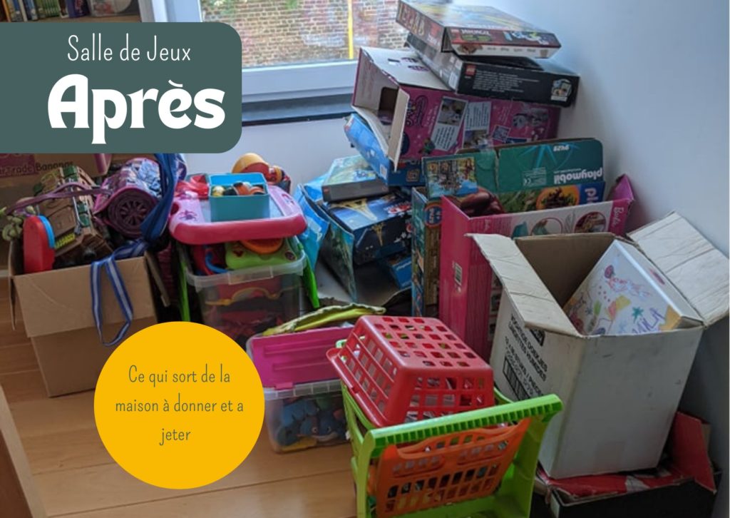 3eme temps ; 
Rassemblement (ou rangement)
> Rassembler tout ce qui doit partir en Espagne dans un coin facile d’accès pour le jour du chargement et accessible aux enfants aussi car seul ces jouets seront encore à leur disposition avant le départ 
> Rassembler les jouets qui partent au garde-meuble au plus près de la porte en les ayant rangé préalablement dans des boites ou caisses par catégorie. Une fois de retour dans 1 an les jeux reprendront leur place facilement et rapidement. (Gain de temps au retour)
> Rassembler au plus près des escaliers ou de la porte d’entrée tout ce qui doit sortir ; jouets à donner, à jeter et cartons